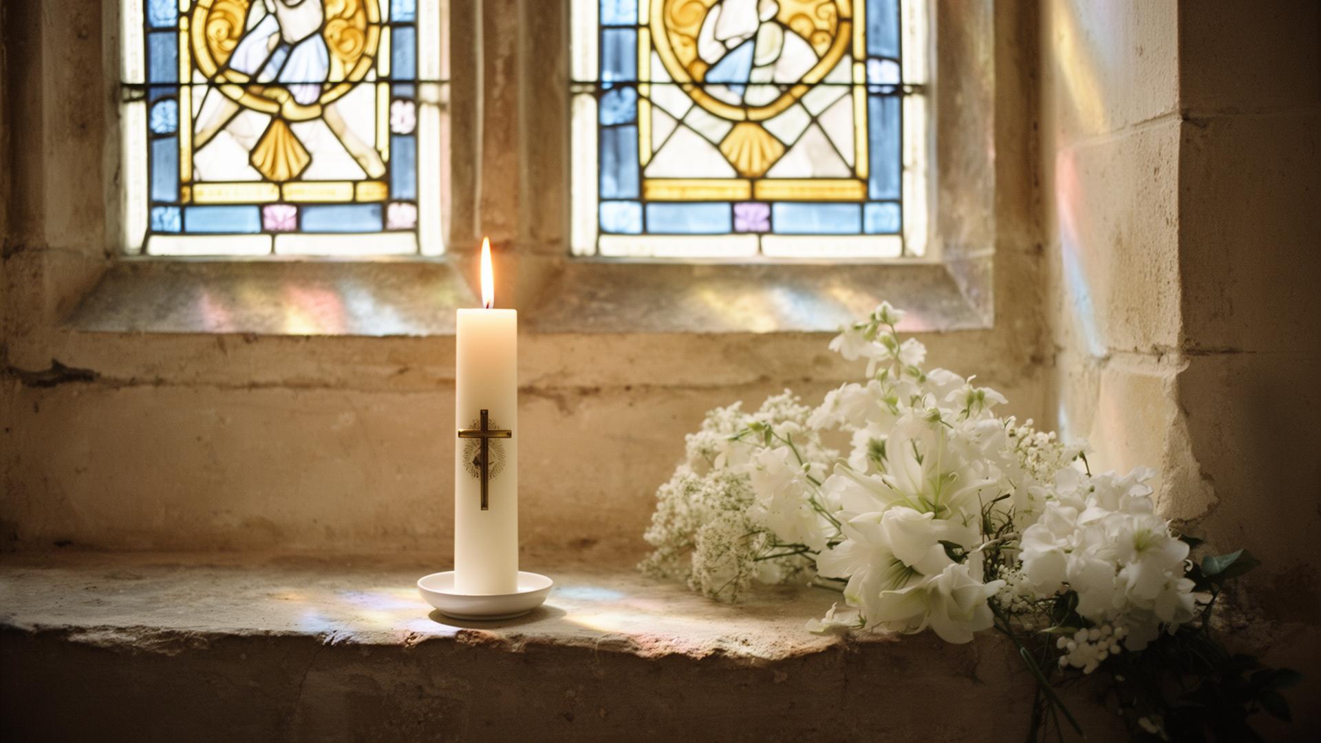 A christening candle glowing on an old stone church windowsill