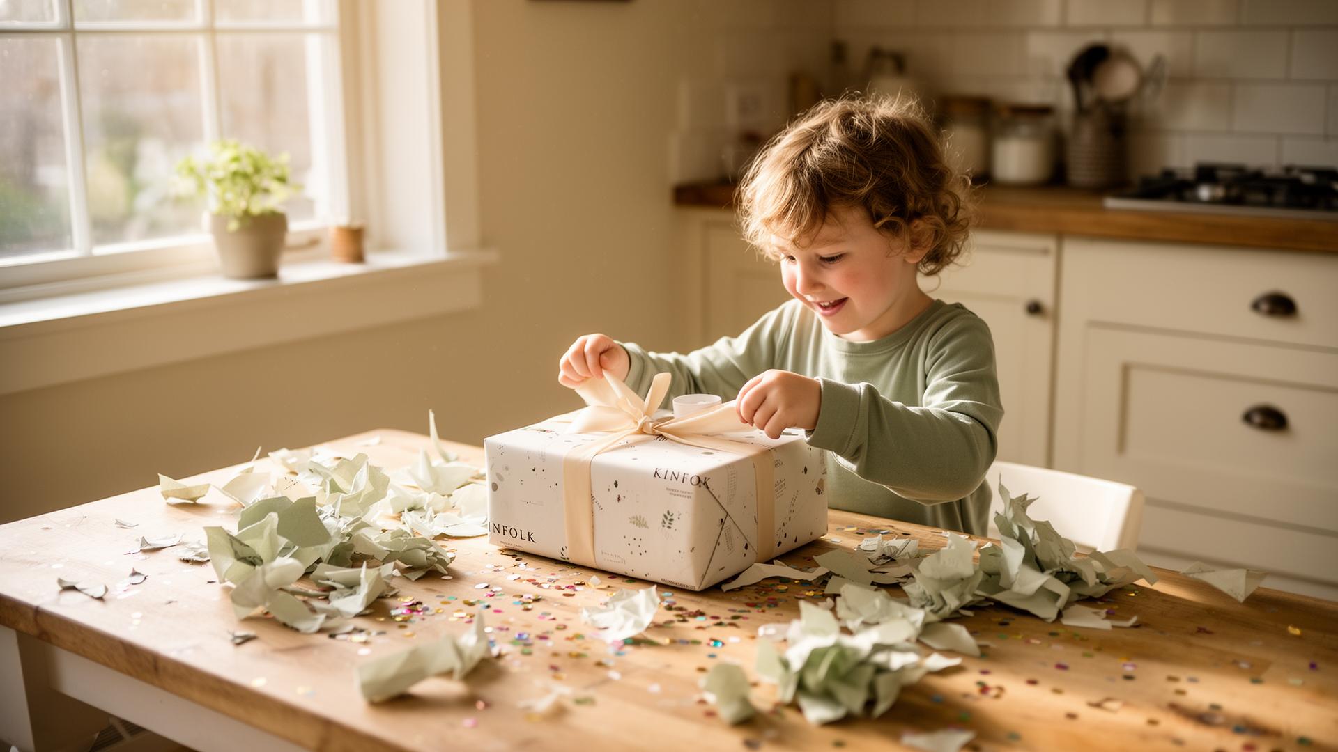A child unwrapping a gift at a sunlit kitchen table