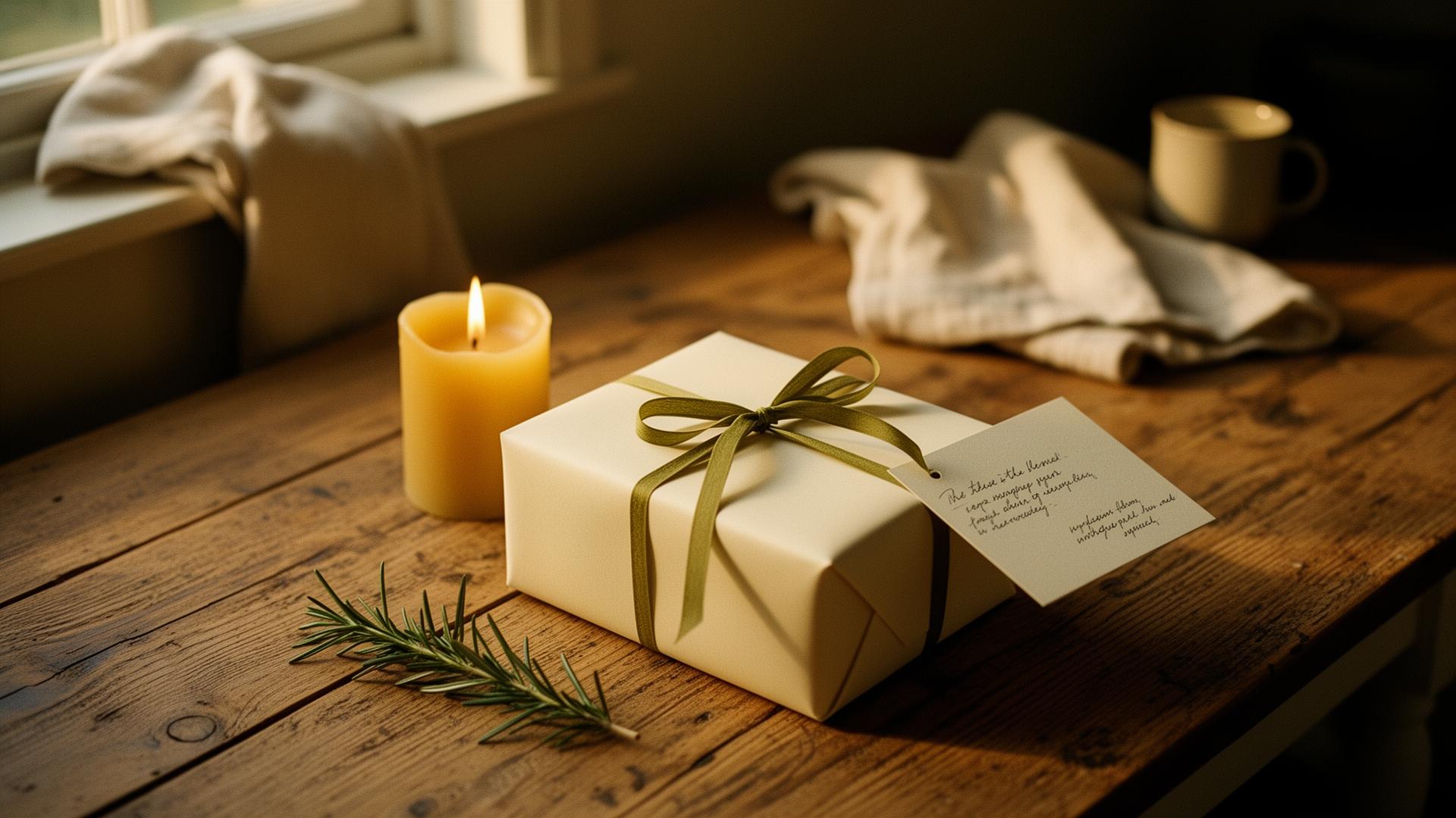 A wrapped gift with olive ribbon, candle and rosemary on a wooden table