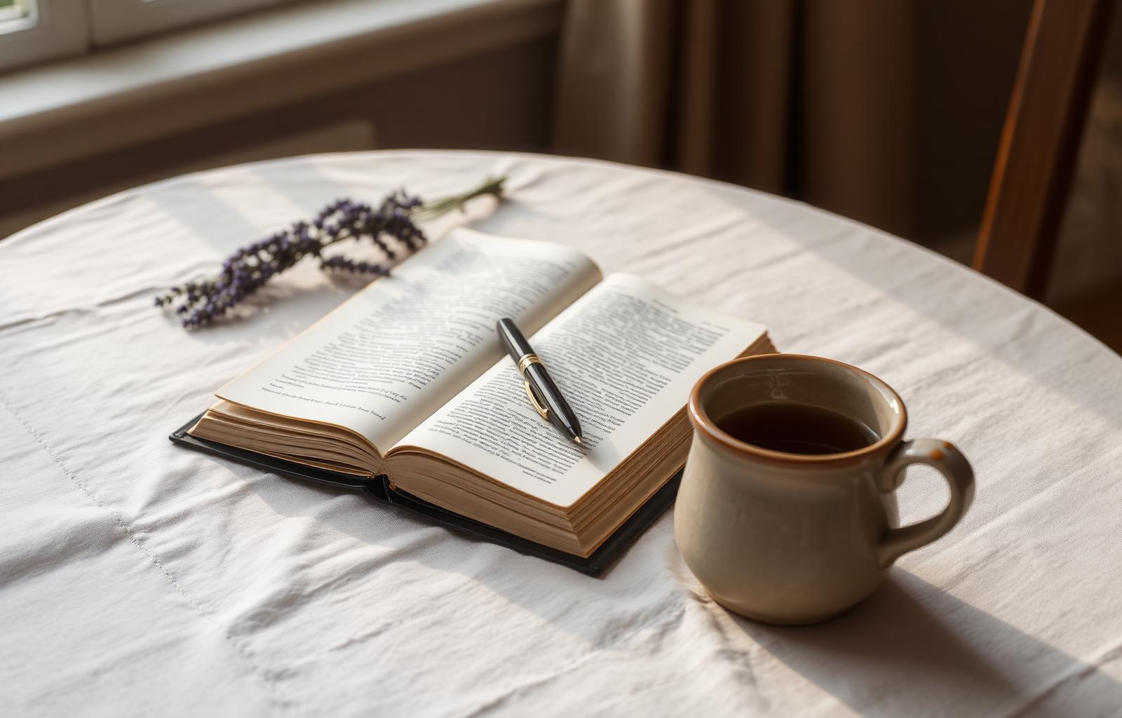 An open journal on a linen table with lavender and a stoneware mug