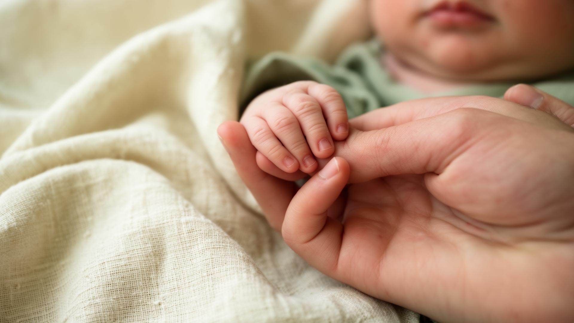 A newborn baby's hand wrapped around a parent's finger